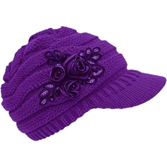 Women\'s Beautiful Style Crochet Purple Flower Brim Knit Winter Warm Hat Cap main image 7
